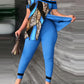 Women's Fashion Casual Slit Diagonal Collar Printing Suit