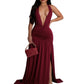 Robe élégante européenne et américaine à col en V et fente sexy, robe plissée dos nu