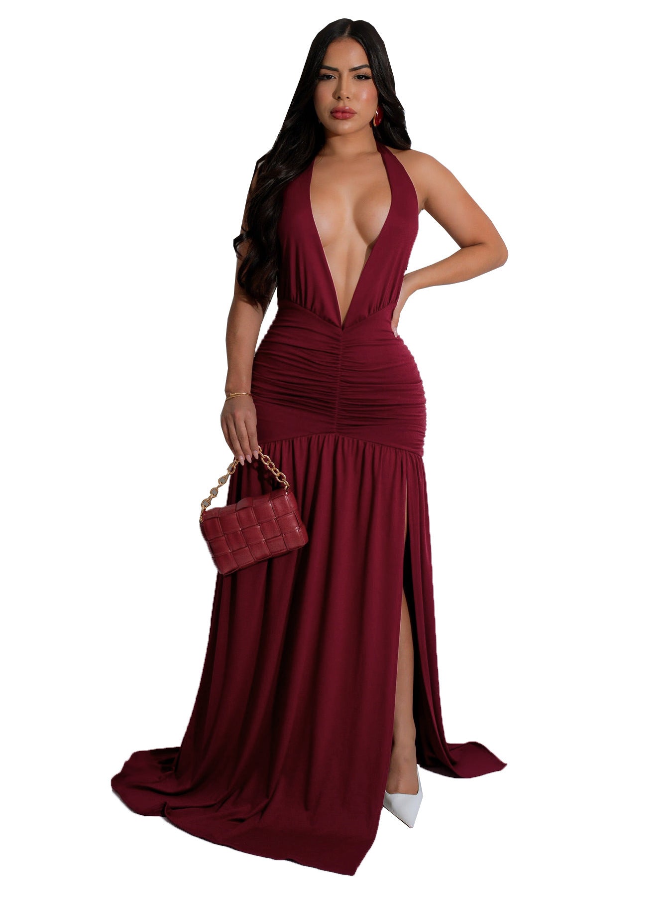 Robe élégante européenne et américaine à col en V et fente sexy, robe plissée dos nu