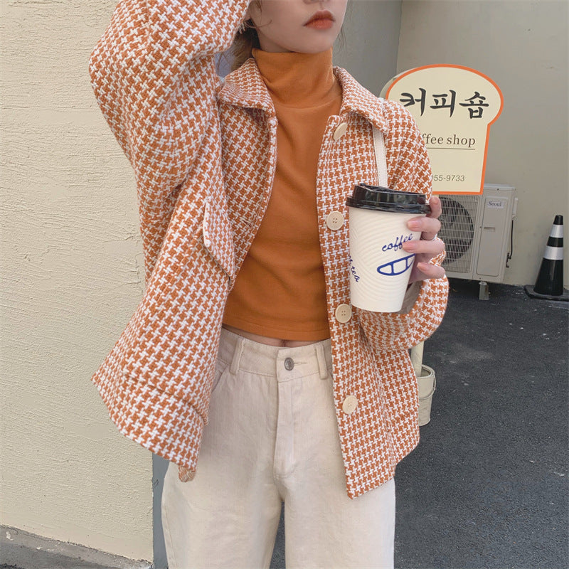 Houndstooth Yuan Orange Complexion Lapel Thick Underwear Women