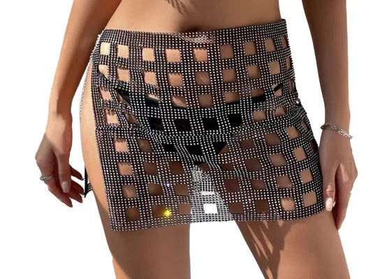 Fishnet Rhinestone Halterneck With Suspenders Hollow Vest Skirt