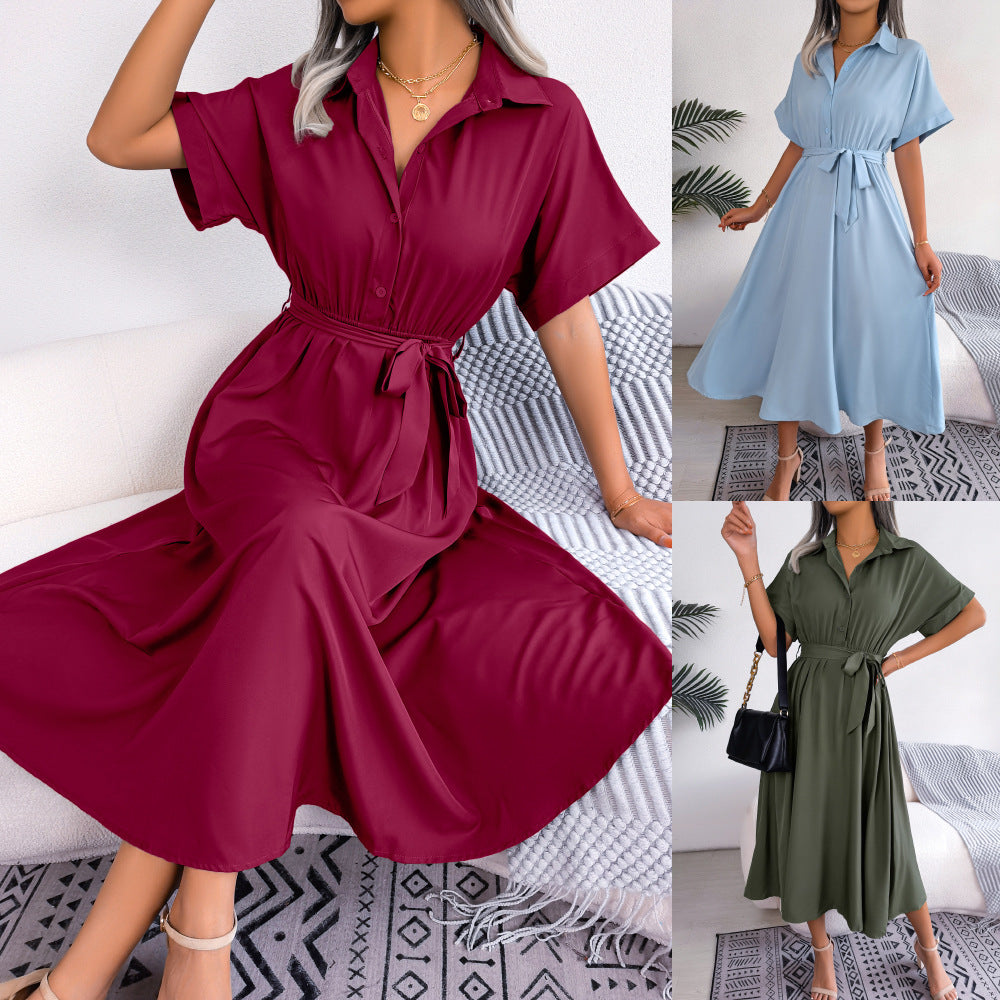 Robe chemise ample nouée de couleur pure, style européen et américain