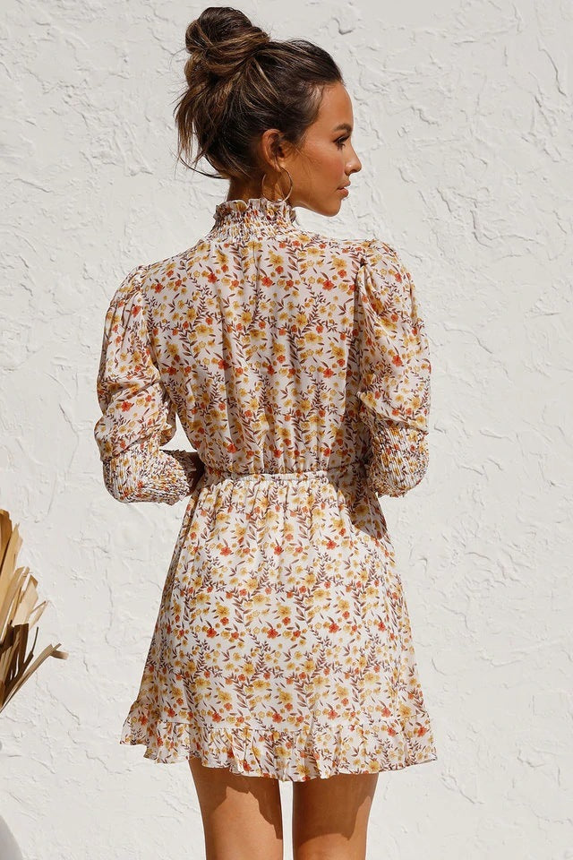 Small floral elastic waist big swing dress
