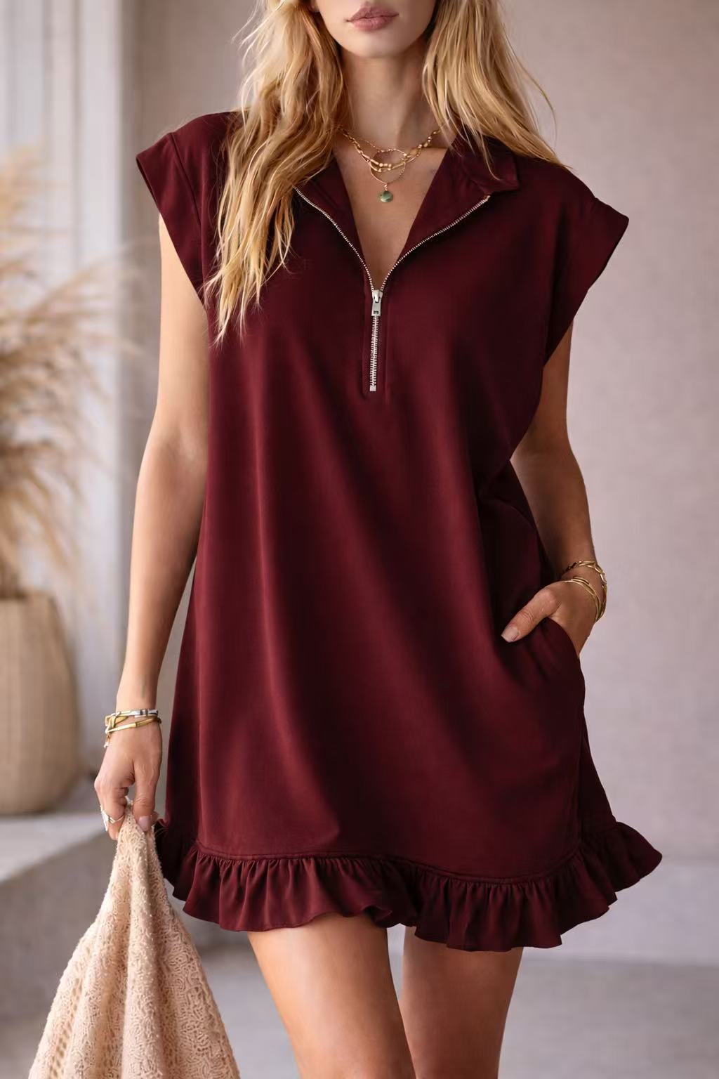 V-Neck Sleeveless Dress - Women's Casual Summer Dress With Two Front Pockets And Back Zipper Closure For Daily Wear