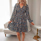 Floral V-neck Long Sleeve Pleated Elastic Waist Dress