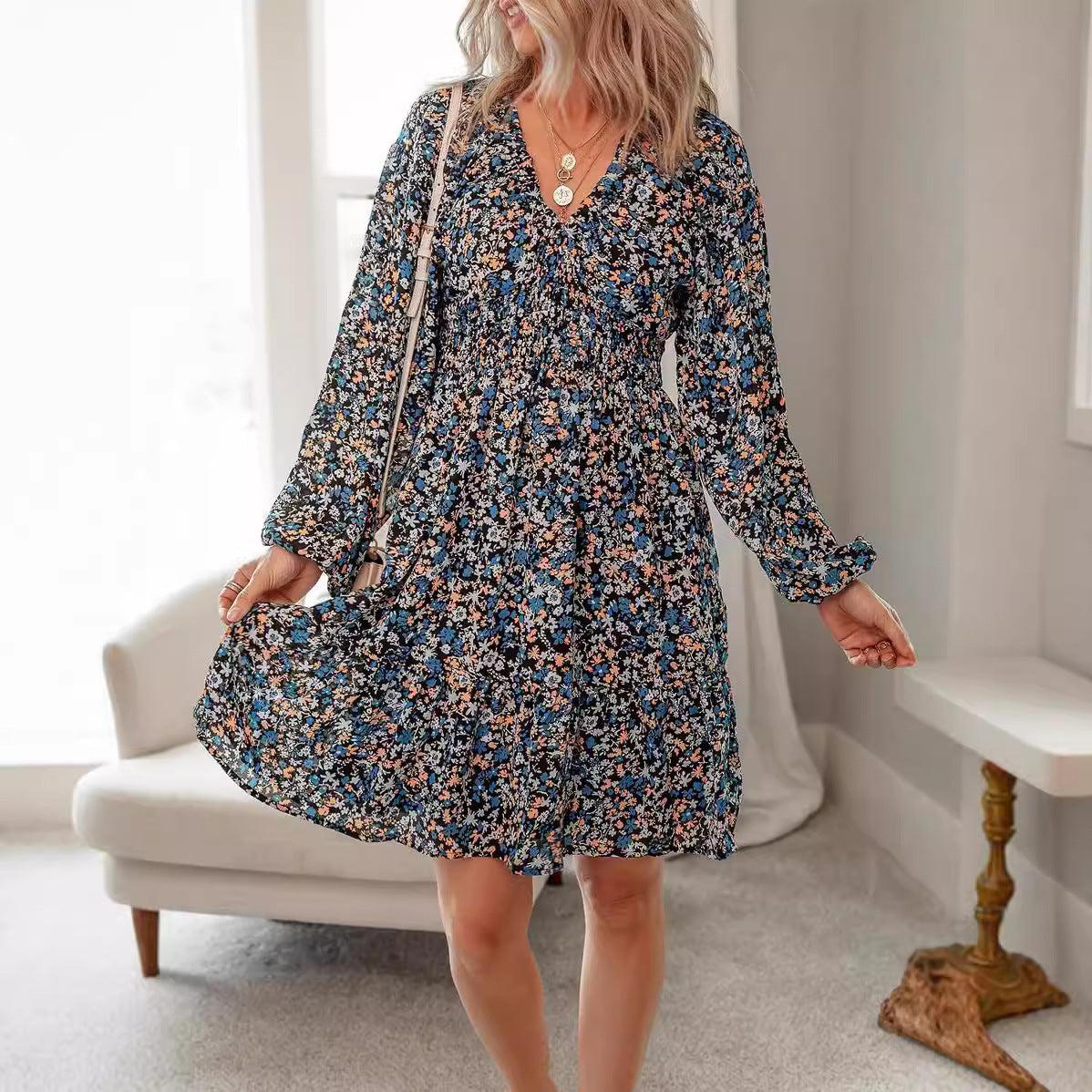 Floral V-neck Long Sleeve Pleated Elastic Waist Dress
