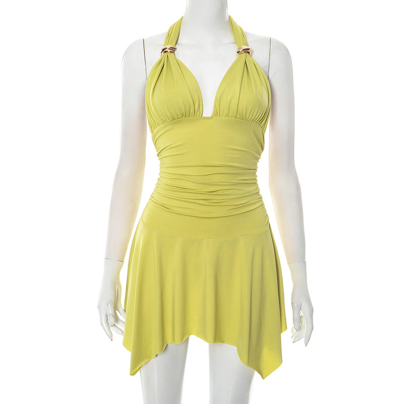 V-neck Halter Lace-up Stitching Pleated Jumpsuit Short Skirt