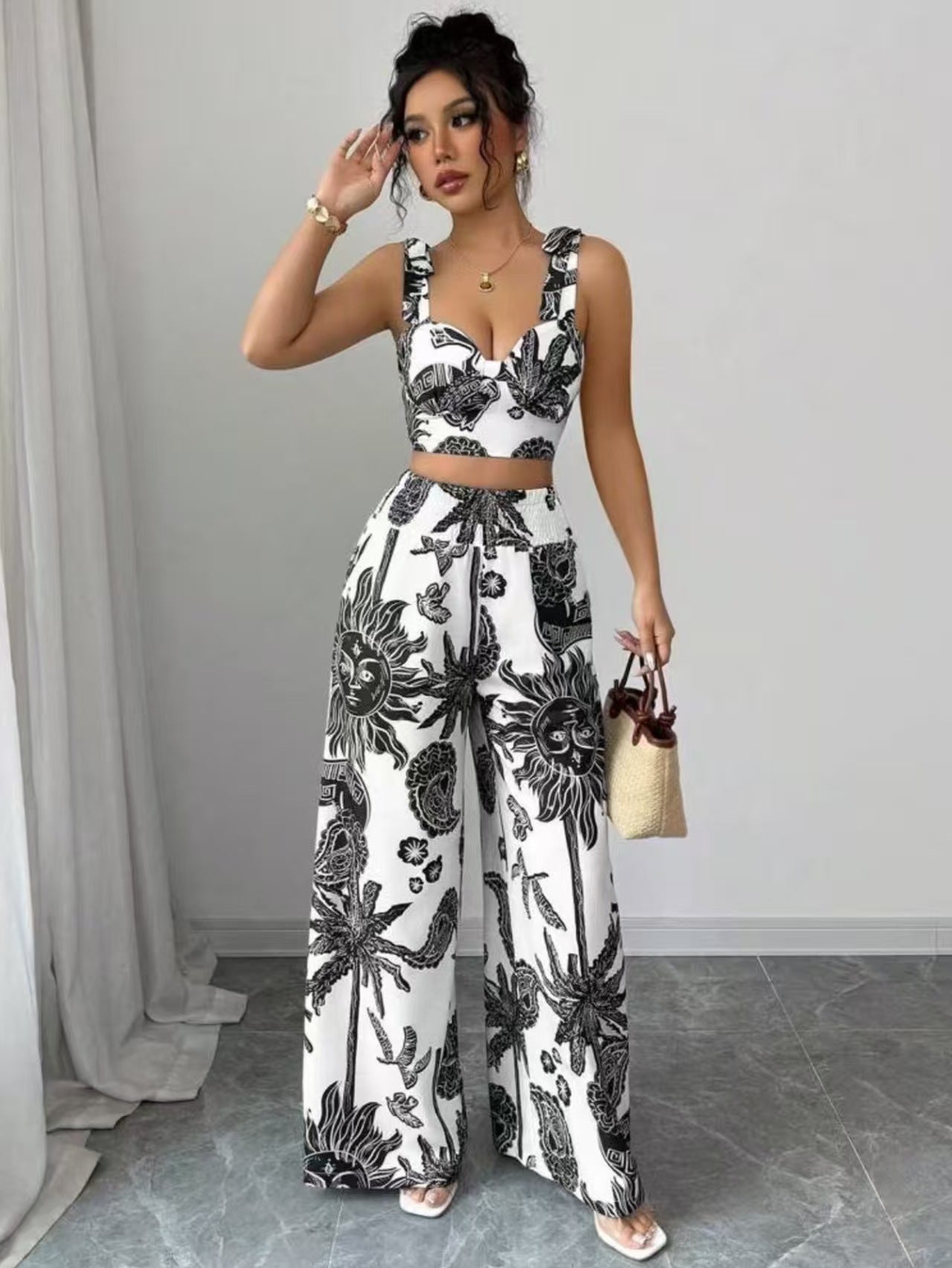 V-neck Strap Vest Loose Wide Leg Pants