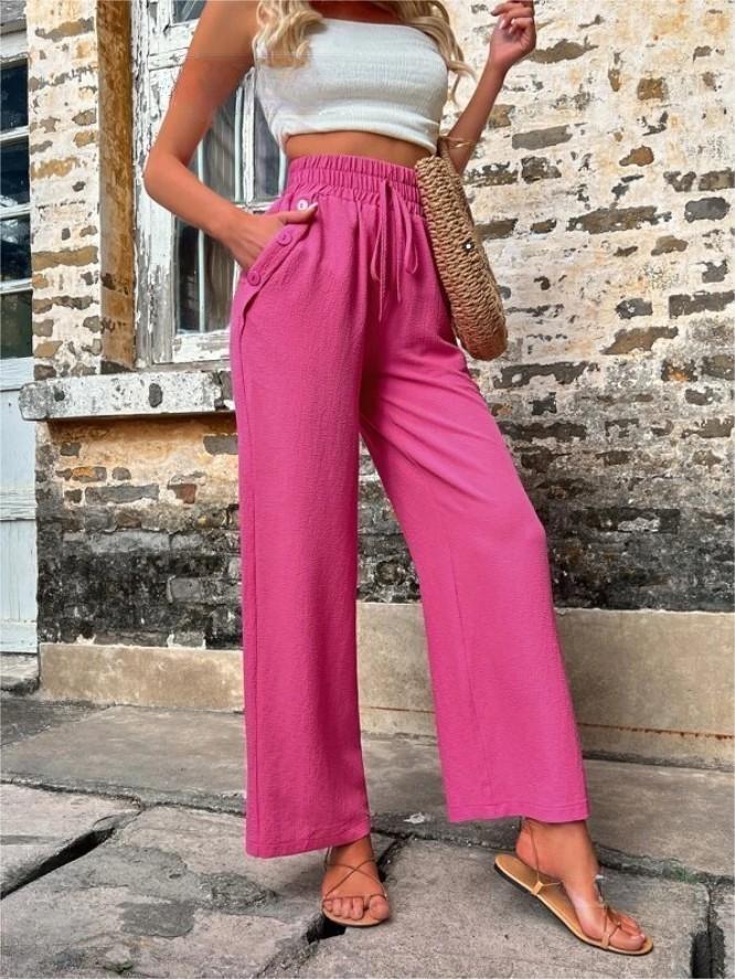 Pantalon décontracté avec poches et cordon élastique, taille haute, ample, pour femme