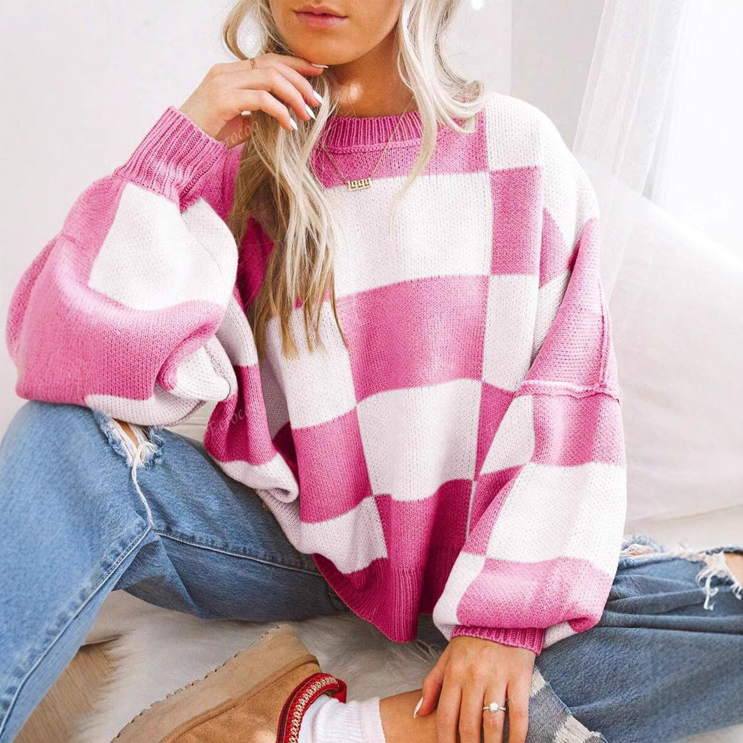 Pull à carreaux contrastés, style ample et décontracté, avec coutures