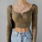 Women's Fashion Deep V Wrap Ruffled Patchwork Mesh Long Sleeve Top