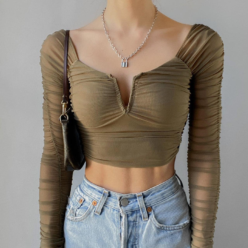 Women's Fashion Deep V Wrap Ruffled Patchwork Mesh Long Sleeve Top