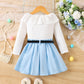V-neck Ribbed Long-sleeve Pleated Skirt With Belt Three-piece Set