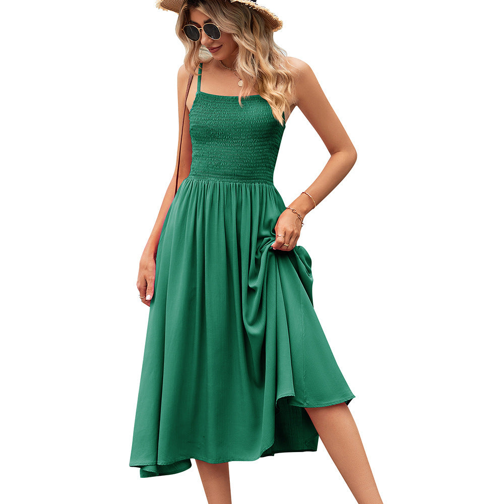 Women's Square Collar Pleating Bohemian Strap Dress