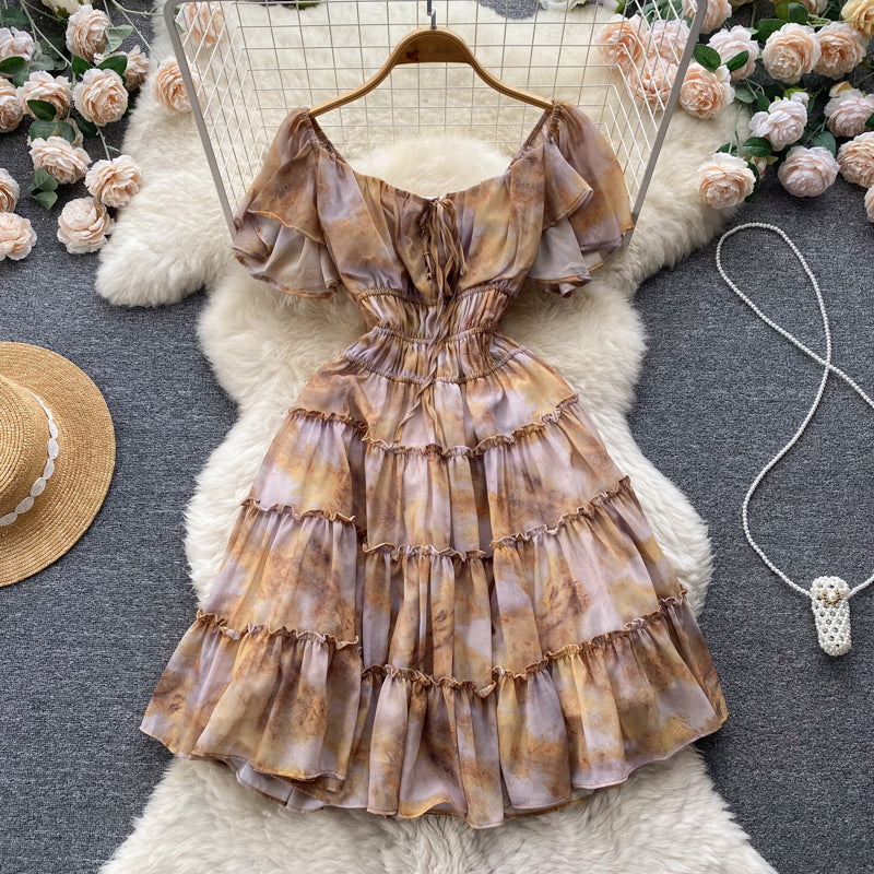 New Summer Light-Luxury Court-Style Oil-Paint French-Print Waist-Cinching Dress