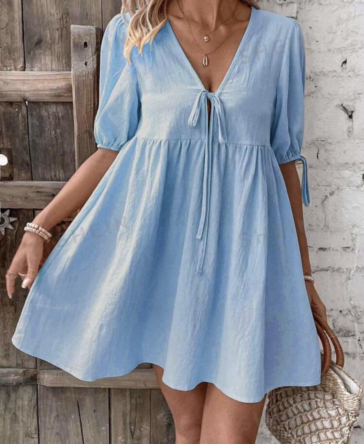 Deep V-neck Design Chest Lace-up A- Line Dress