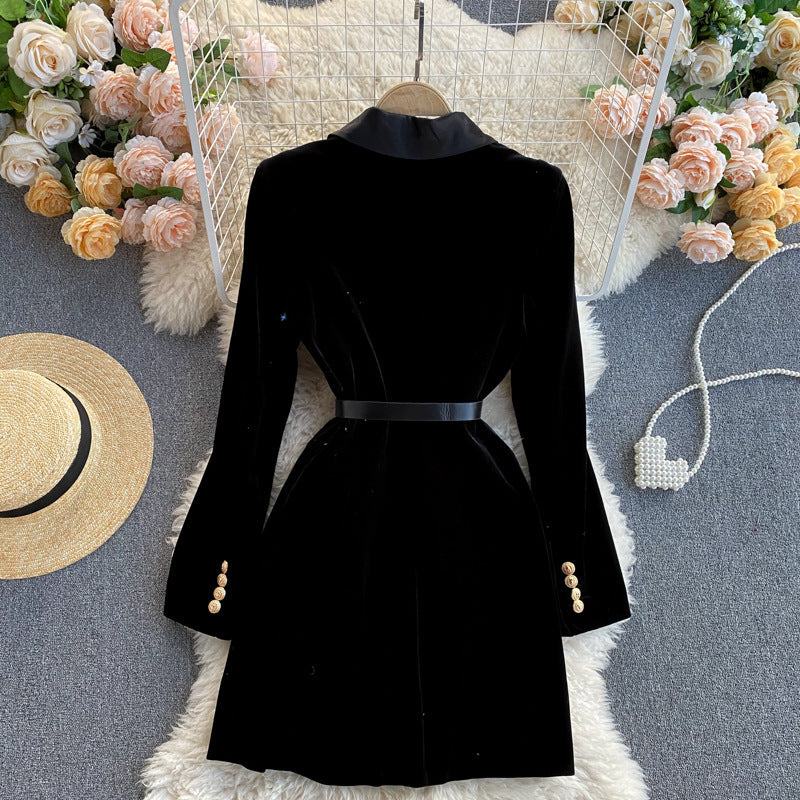 Robe en velours slim à col tailleur et double boutonnage pour femme