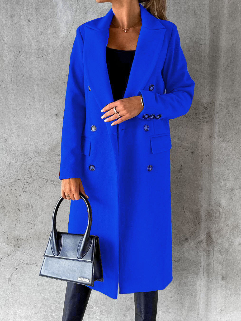 Manteau à manches longues et revers pour femme, veste longue et slim, couleur unie, à double boutonnage, tendance hiver