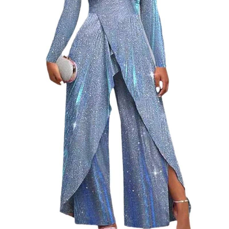 European And American Fashion Sequined Long Skirt Diagonal Mid-waist Temperament Commute Jumpsuit