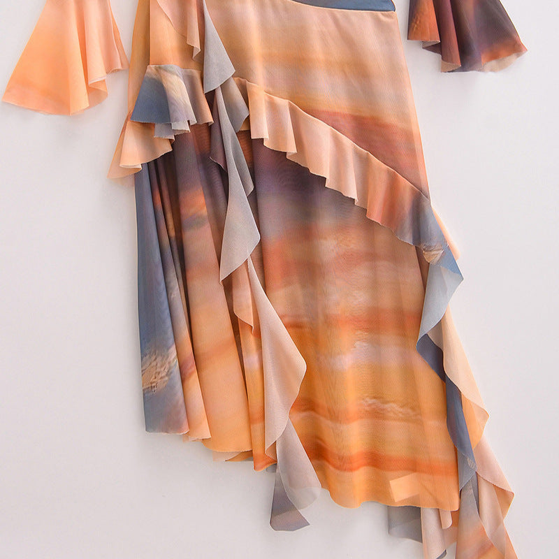 Robe à manches longues irrégulières tie-dye de style européen et américain pour femme