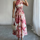 Neck Hanging Cinched Waist Sleeveless Dress With Ruffled Hem