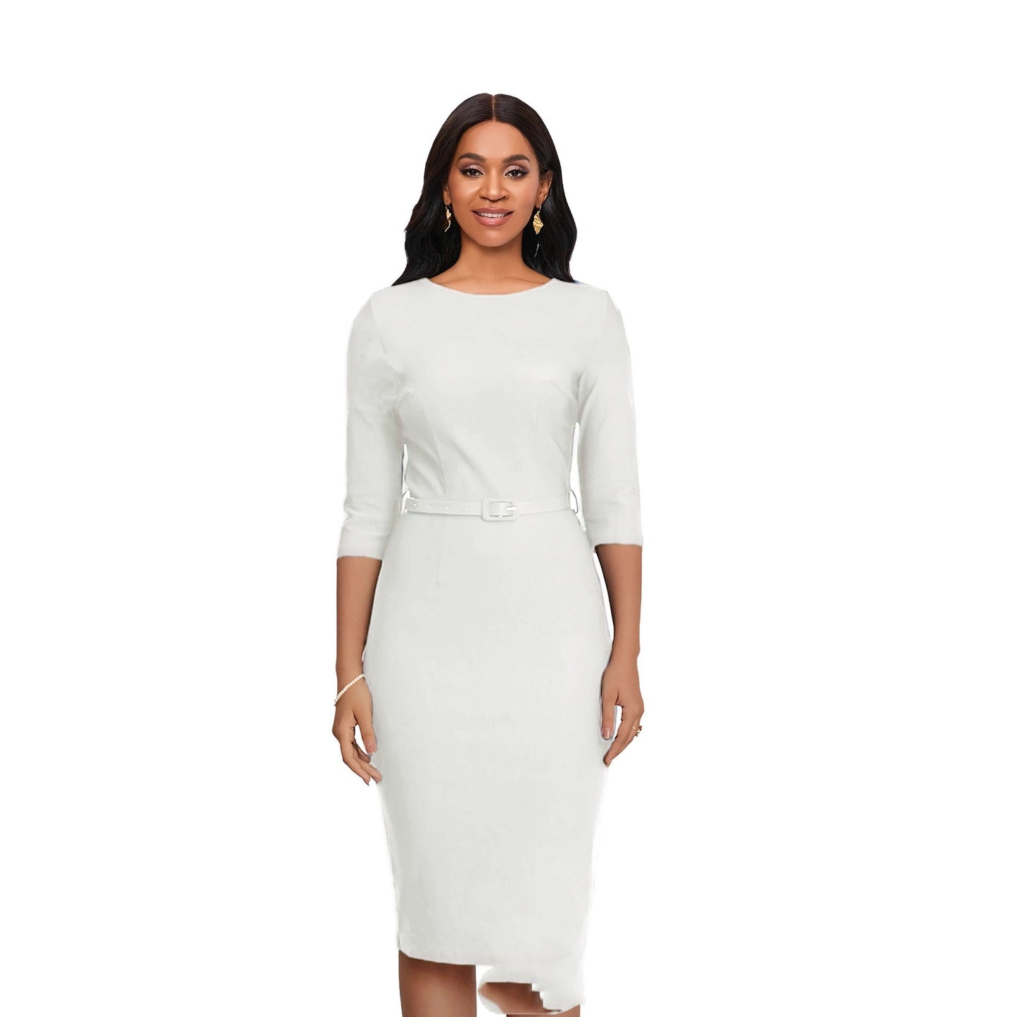 Round Neck Sheath And Fitted Waist Belt Slimming Dress