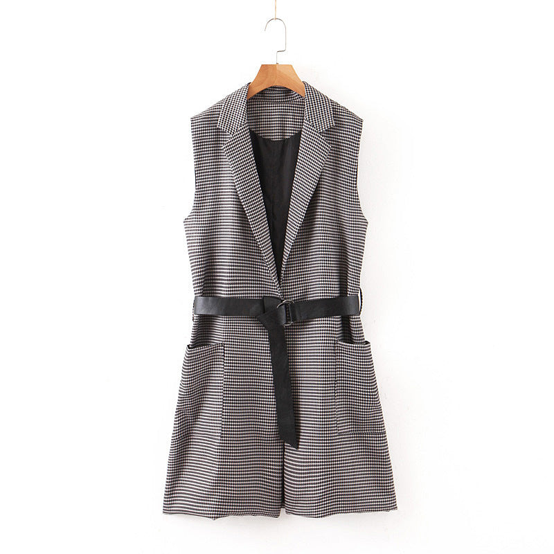 New European And American Women's Clothing Houndstooth Vest Belt Vest