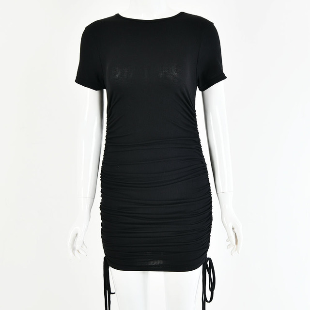 Round neck short sleeve side drawstring cotton dress