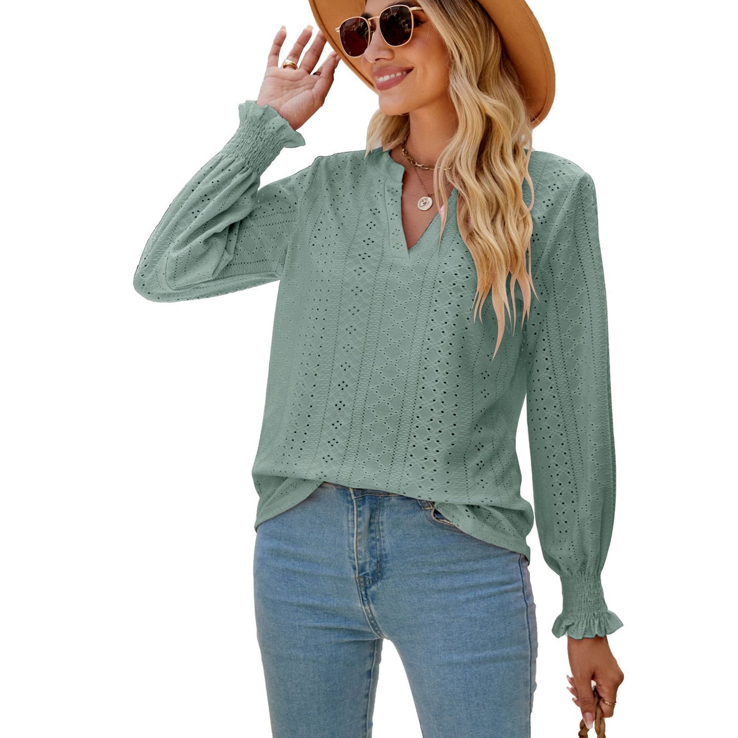 Women's Fashion V-neck Solid Color Hollow Ruffle Sleeve Loose Long Sleeve Top