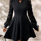 Robe élégante noire à col rond et manches longues en dentelle pour femme, ourlet évasé et fin