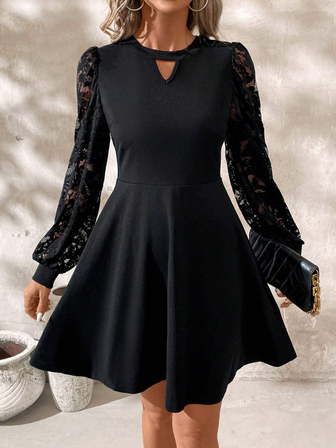 Robe élégante noire à col rond et manches longues en dentelle pour femme, ourlet évasé et fin