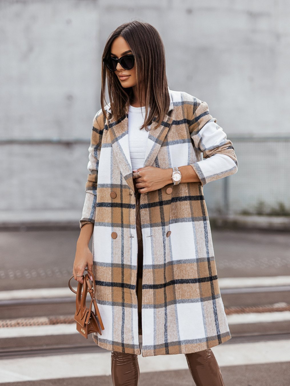 Manteau mi-long en laine brossée à carreaux, tendance automne-hiver européenne et américaine