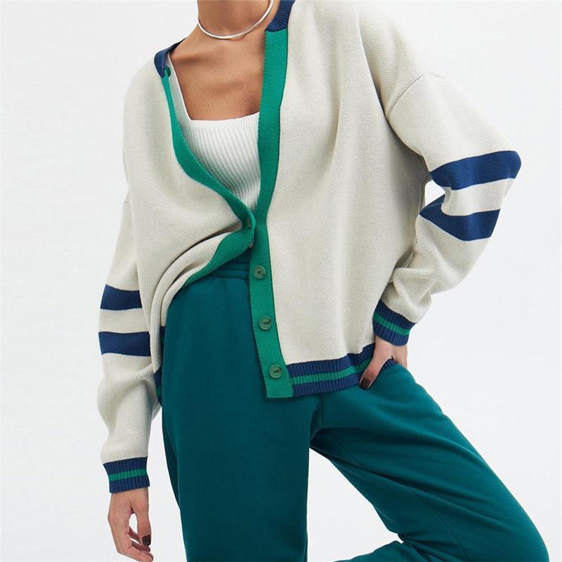 Fashion Contrast Color Cardigan Loose Casual Sweater Women's Striped Simple