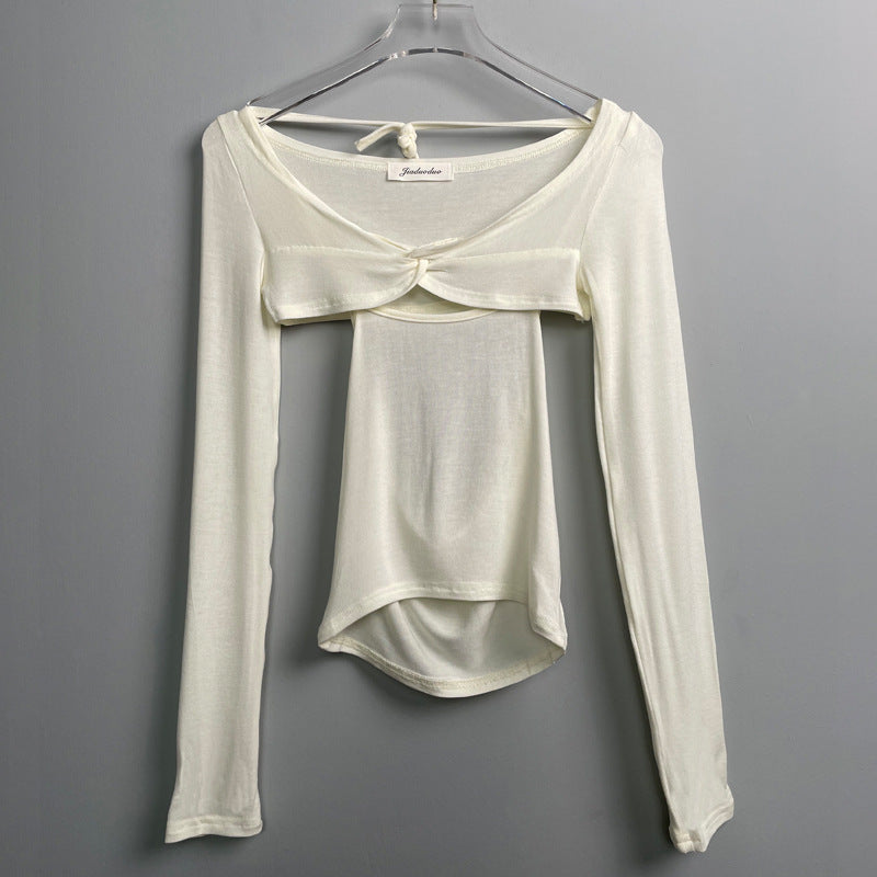Autumn New Slightly See-through Thin Halter Spaghetti Straps Vest Long Sleeve Shawl Skinny Slimming Sets