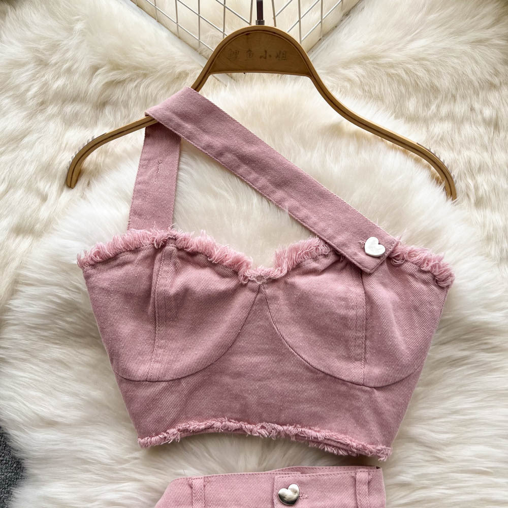Tenue élégante rose pour fille sexy, vêtements d'extérieur, haut bandeau à bretelles, jupe irrégulière, costume deux pièces élégant