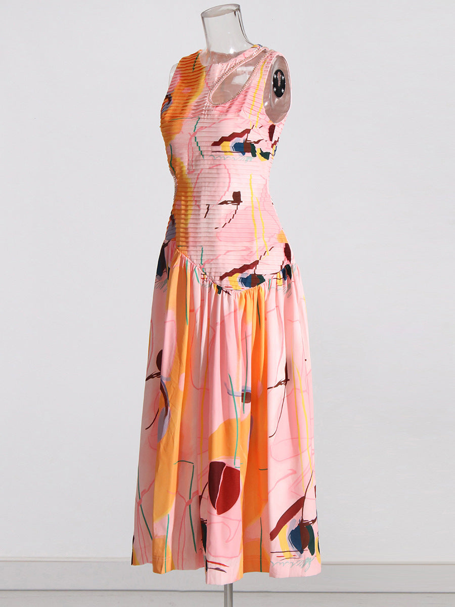 Robe mi-longue plissée à taille évidée pour femme, couleur unie