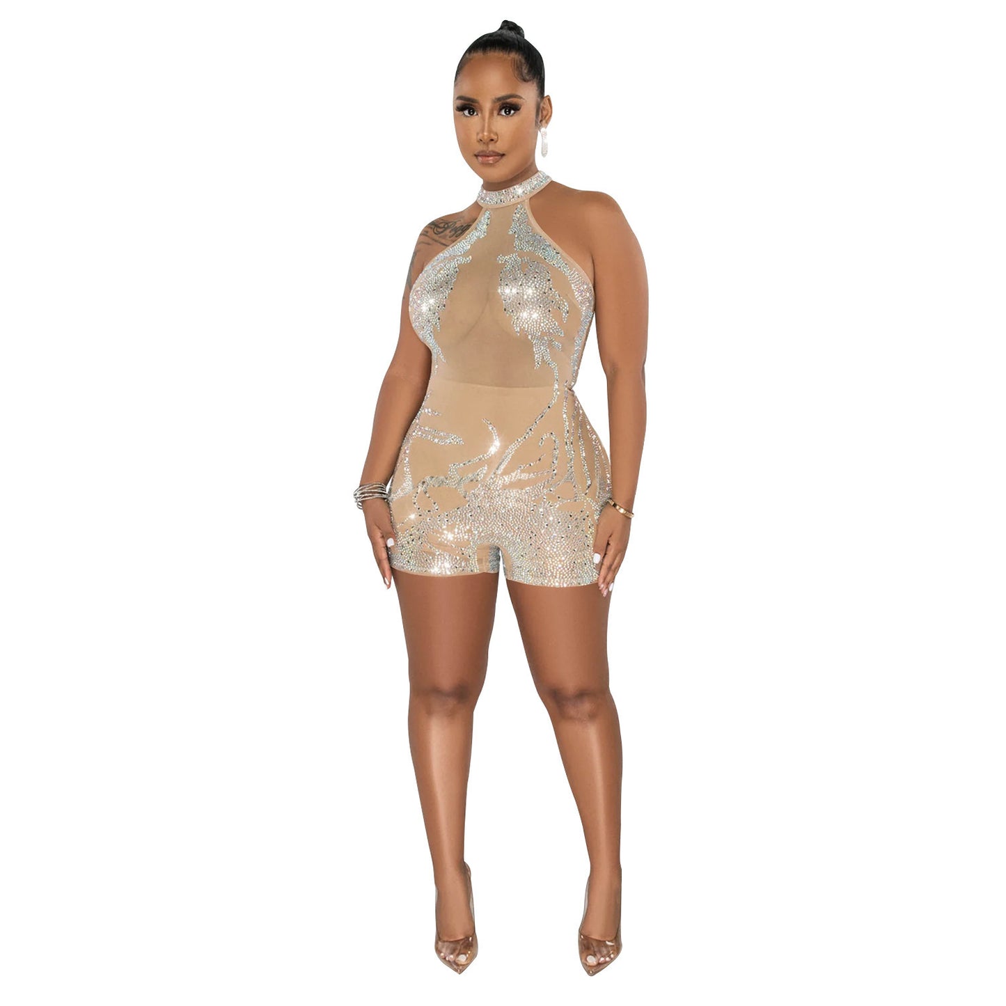 Combinaison moulante en maille strass pour femme