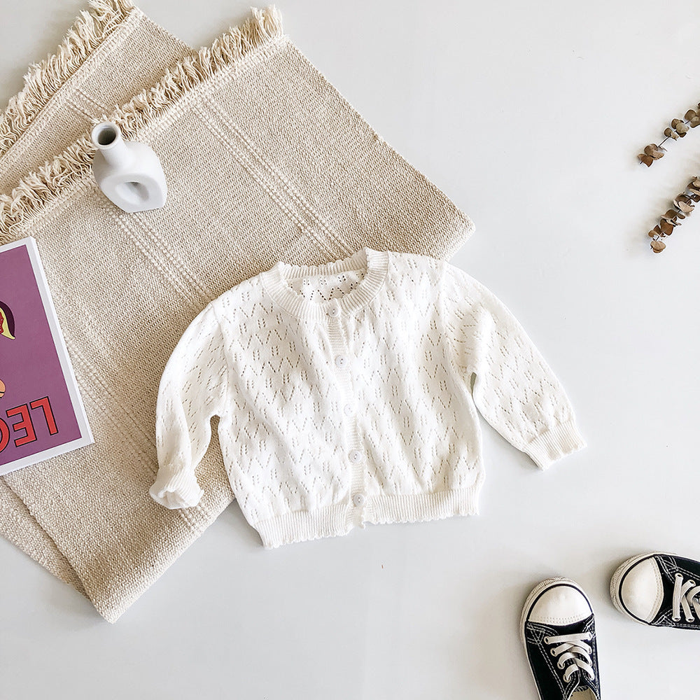 Girls' Solid Color Cardigan Long Sleeved Knitted Hollow Out Jacket