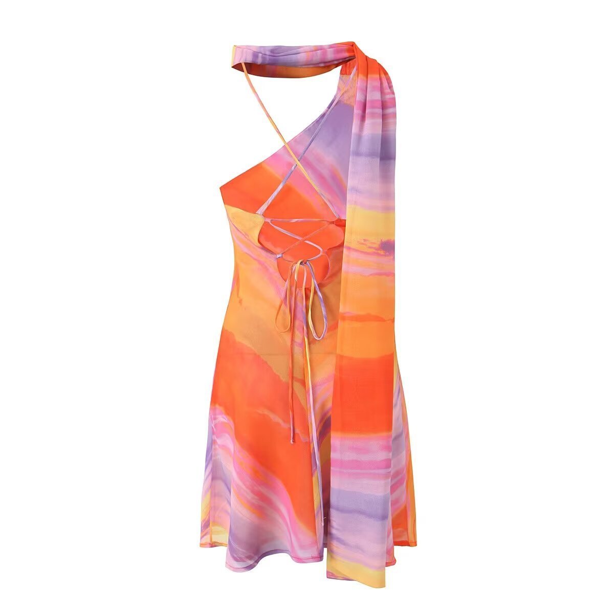 European And American Style Women's French Gradient Color Asymmetric Halter Slim Fit Backless Jumpsuit Skirt