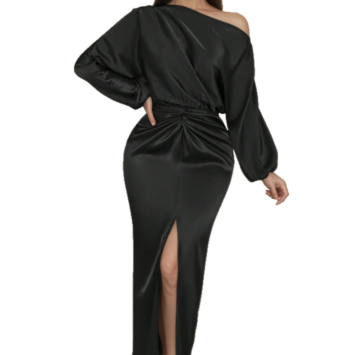 Womens Solid-Color Off-the-Shoulder Twist-Waist Long-Sleeve Dress