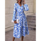 Floral Print Lantern Sleeve Slit Thigh Lace-up Waist