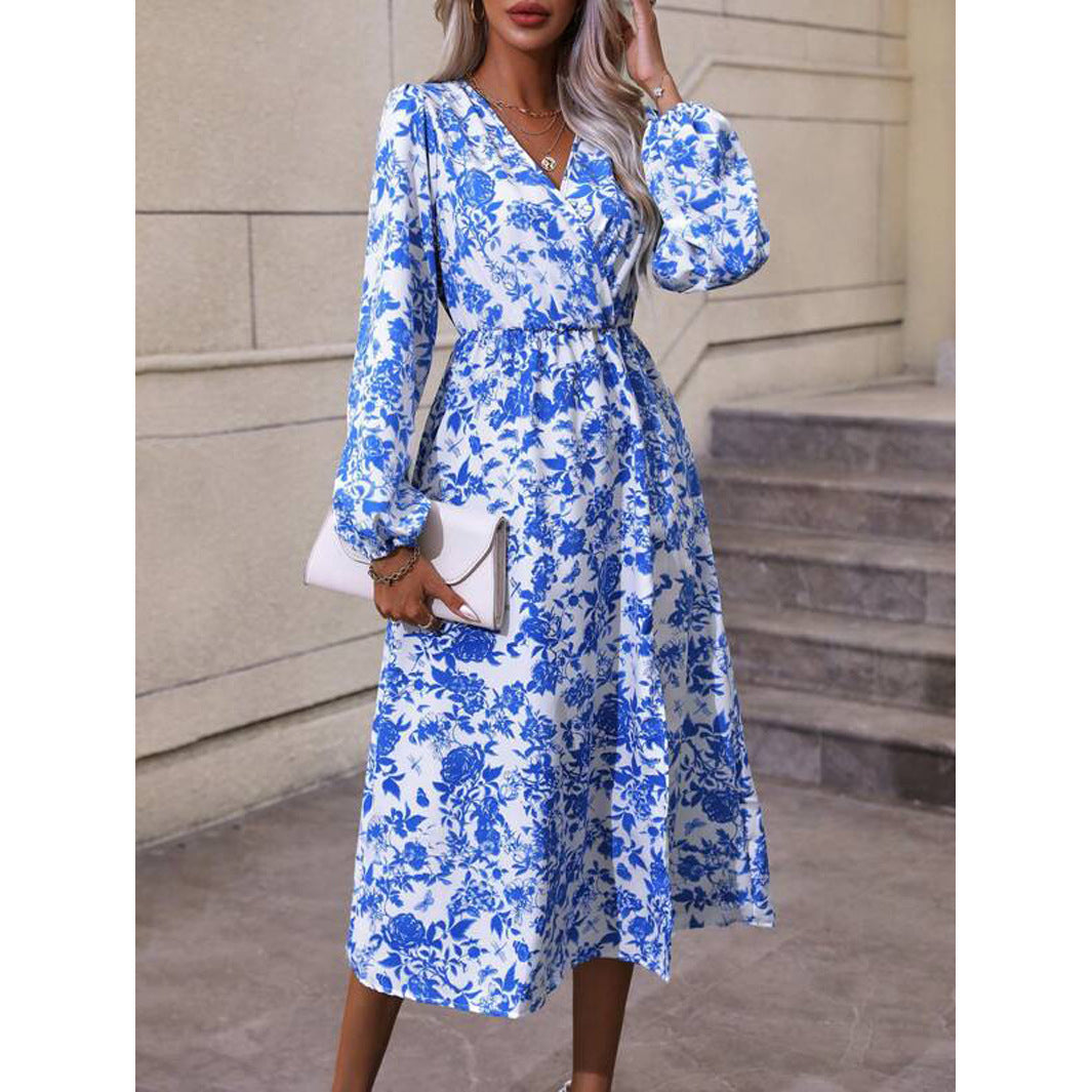 Floral Print Lantern Sleeve Slit Thigh Lace-up Waist