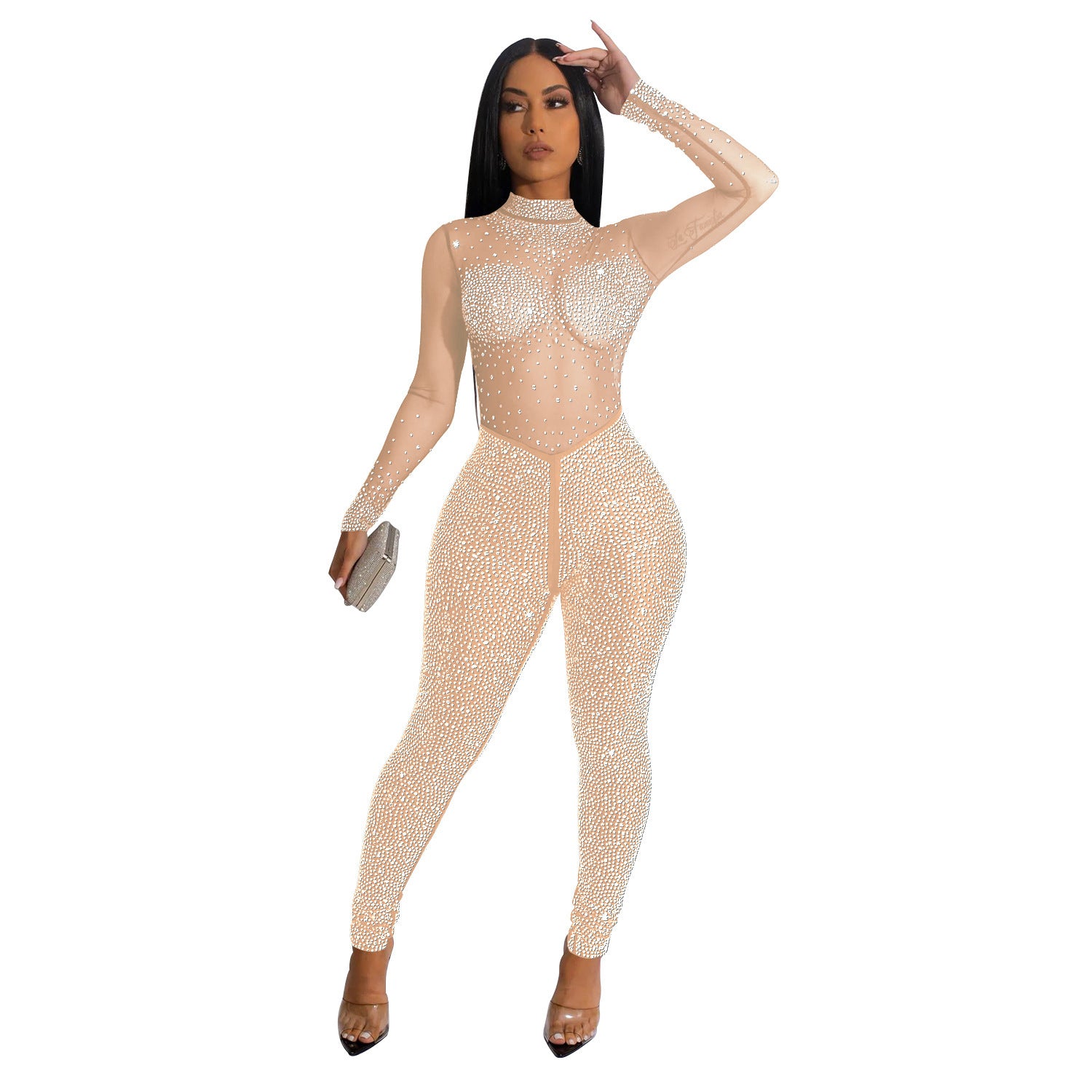 Fashion Women's Color Mesh Drilling Long Sleeve Jumpsuit