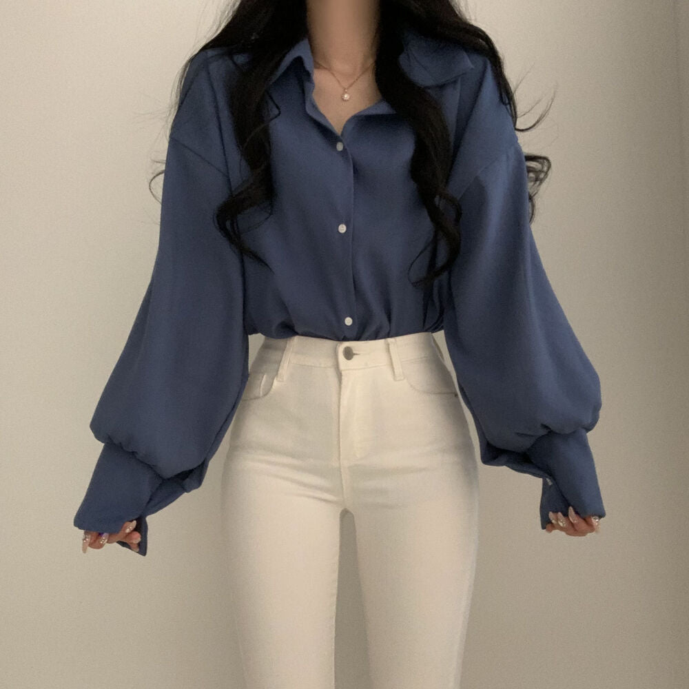 Simple Solid Color Long-sleeved Shirt For Women