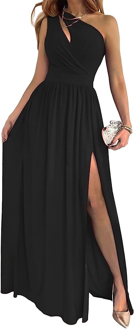 Women's One Shoulder High Split Cutout Sleeveless Elegant Cocktail Maxi Dress