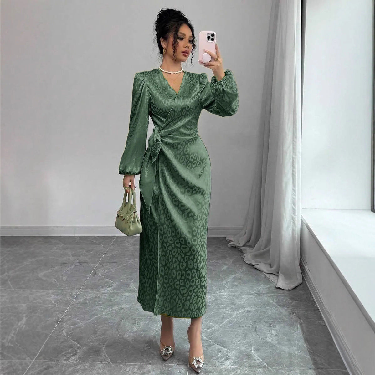 Long-sleeve Dress Leopard-print Jacquard Dress