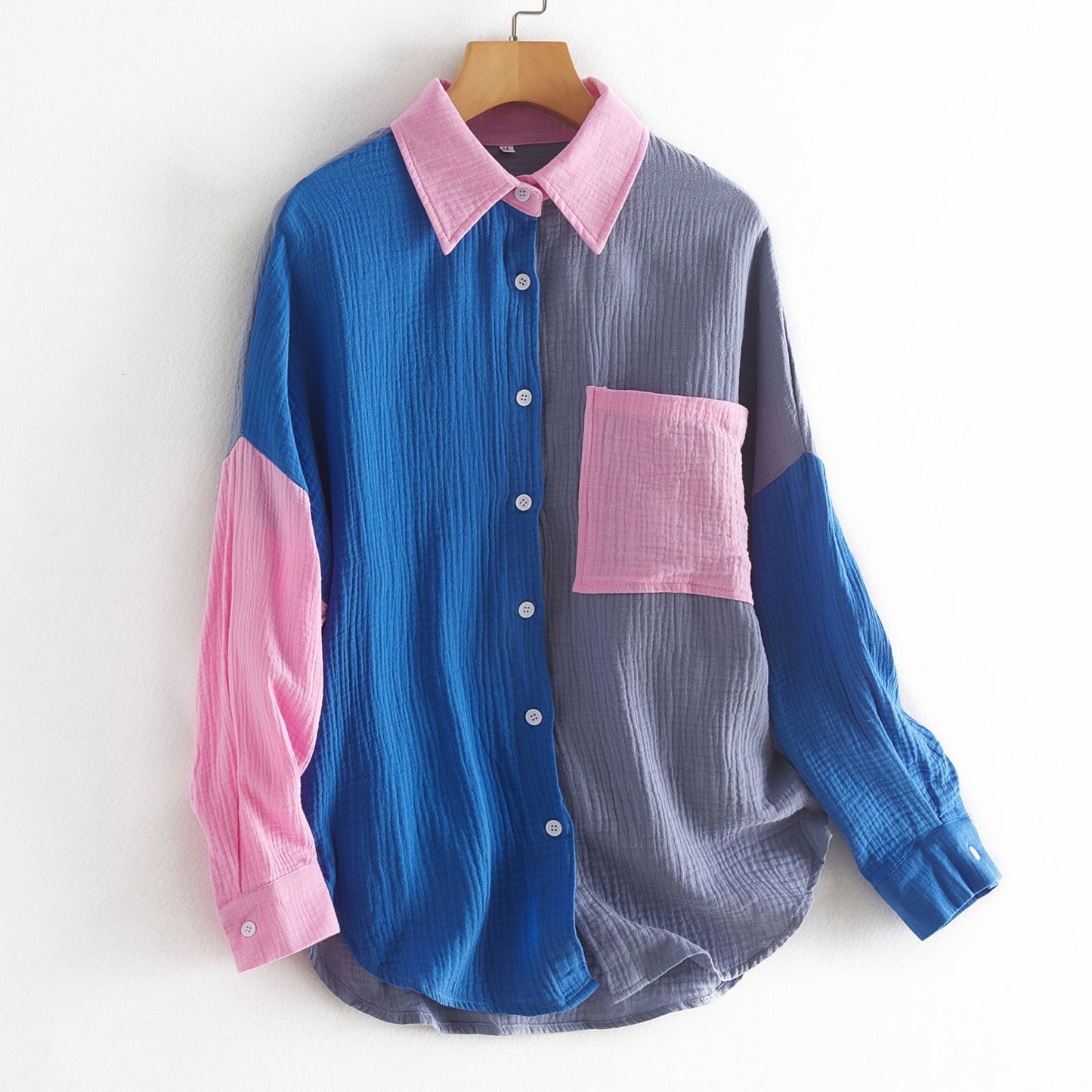 Women's Color Contrast Patchwork Drop-shoulder Long-sleeve Shirt
