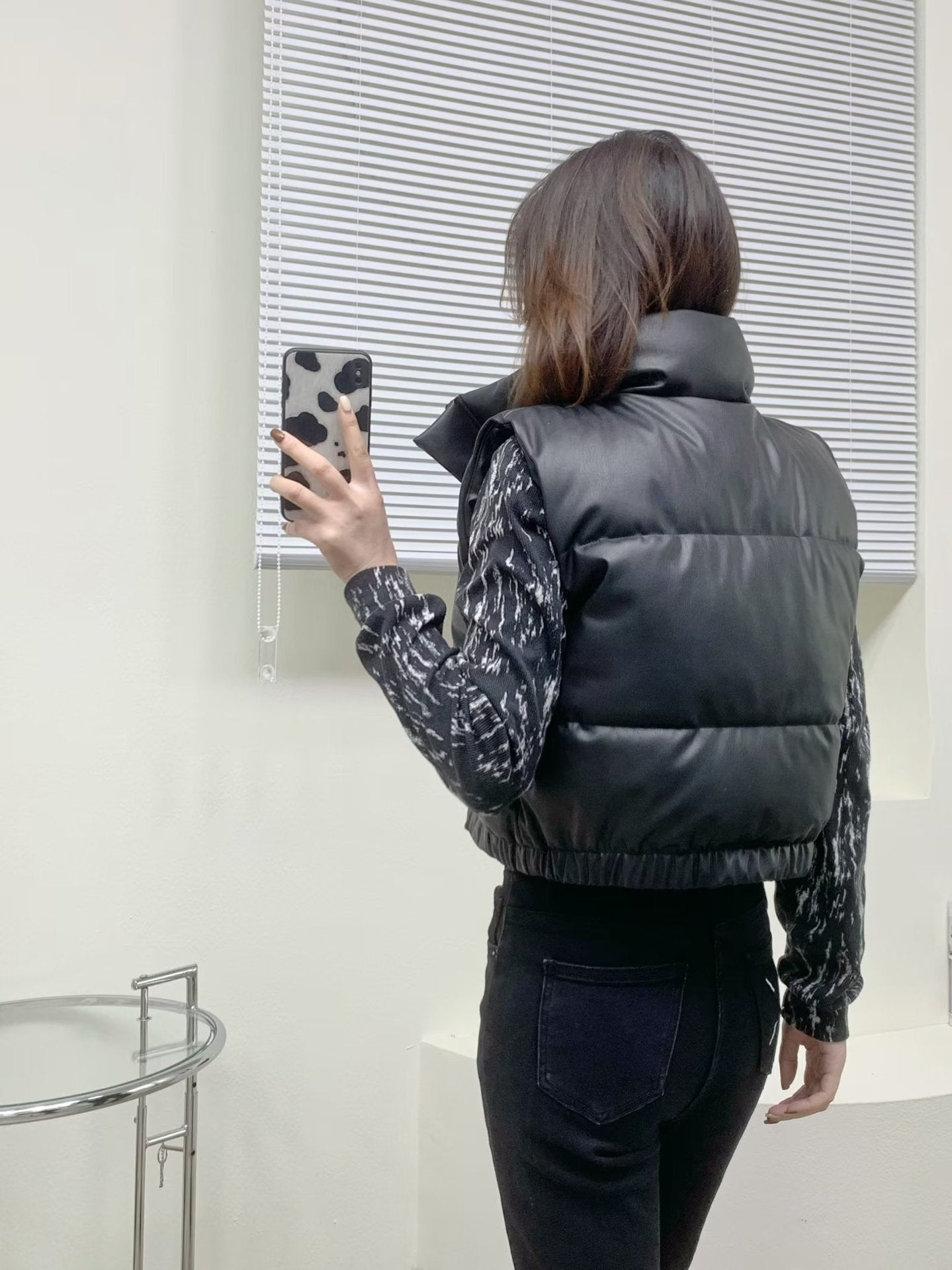 Fashion Mock Leather Vest With Stand Collar