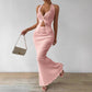 Women's Solid Color Twist Front Hanging On Neck Crop Top And Fishtail Midi Skirt