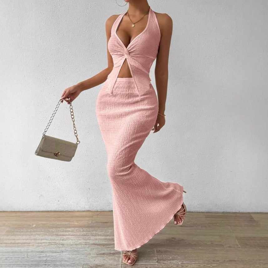 Women's Solid Color Twist Front Hanging On Neck Crop Top And Fishtail Midi Skirt